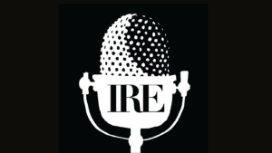 Logo for IRE Radio Podcast: a microphone in white over black background.