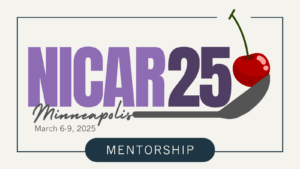 NICAR25 text in purple colors, with spoon and cherry. Additional text says "Mentorship"