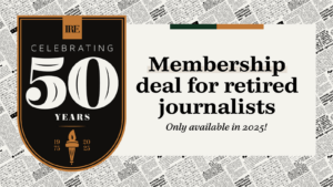 Newsprint background and IRE 50th anniversary logo. Text: Membership deal for retired journalists. Only available in 2025!