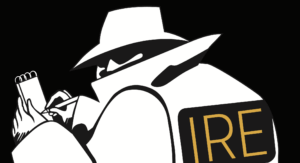 Graphic of a reporter writing on a notepad. This was the cover of The IRE Journal in 2015. It was inspired by an illustration by Kee Rash, done in 1976.