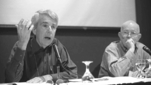 Donald Barlett, right, and James Steele of Time Inc. speaking.