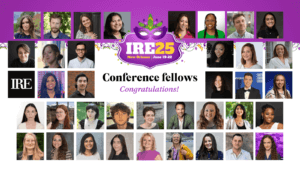 IRE25 mask/mardi gras-esque logo with headshots of about 30 fellows. Text says "Congratulations"