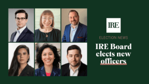 IRE Board elects new officers, with headshots of six officers.