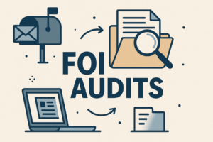Four icons surround the text "FOI Audits." The icons include a mailbox, a folder with magnifying glass, open laptop, and a file.
