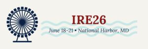 logo for IRE26 with an illustration of a ferris wheel representing the Capitol Wheel in National Harbor