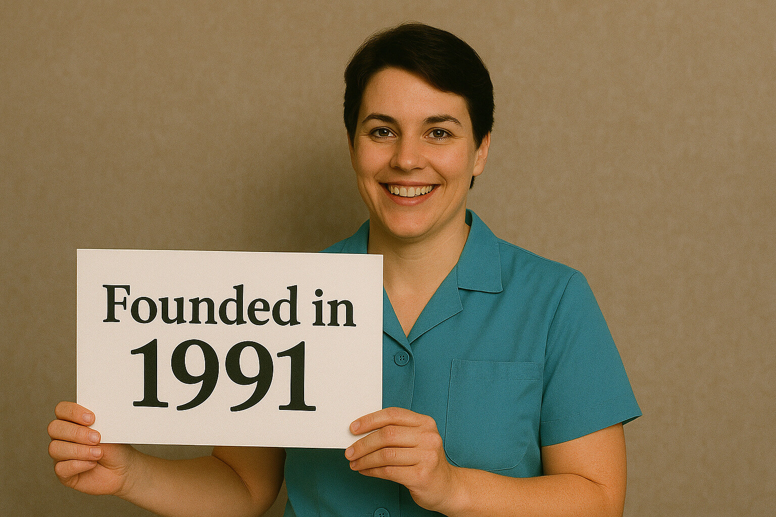 Nurse holding sign that says founded in 1991