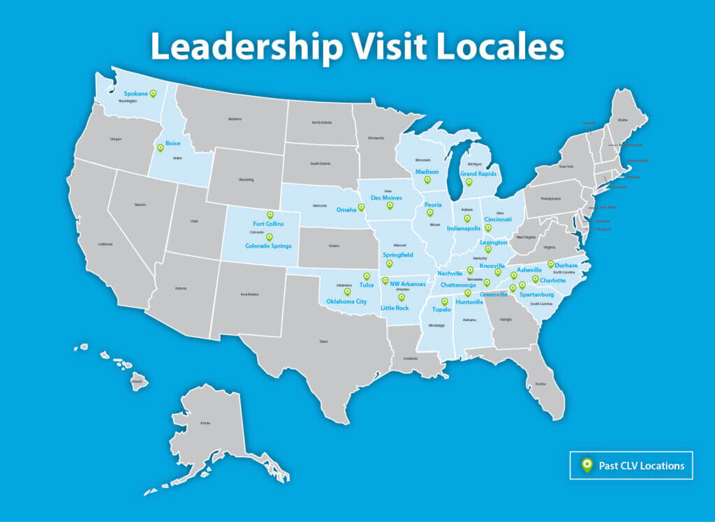 CLV-MapLocations-2026 The Community Leadership Visit has traveled to 27 different cities since 1994
to learn best practices and bring some of those ideas back to our community.