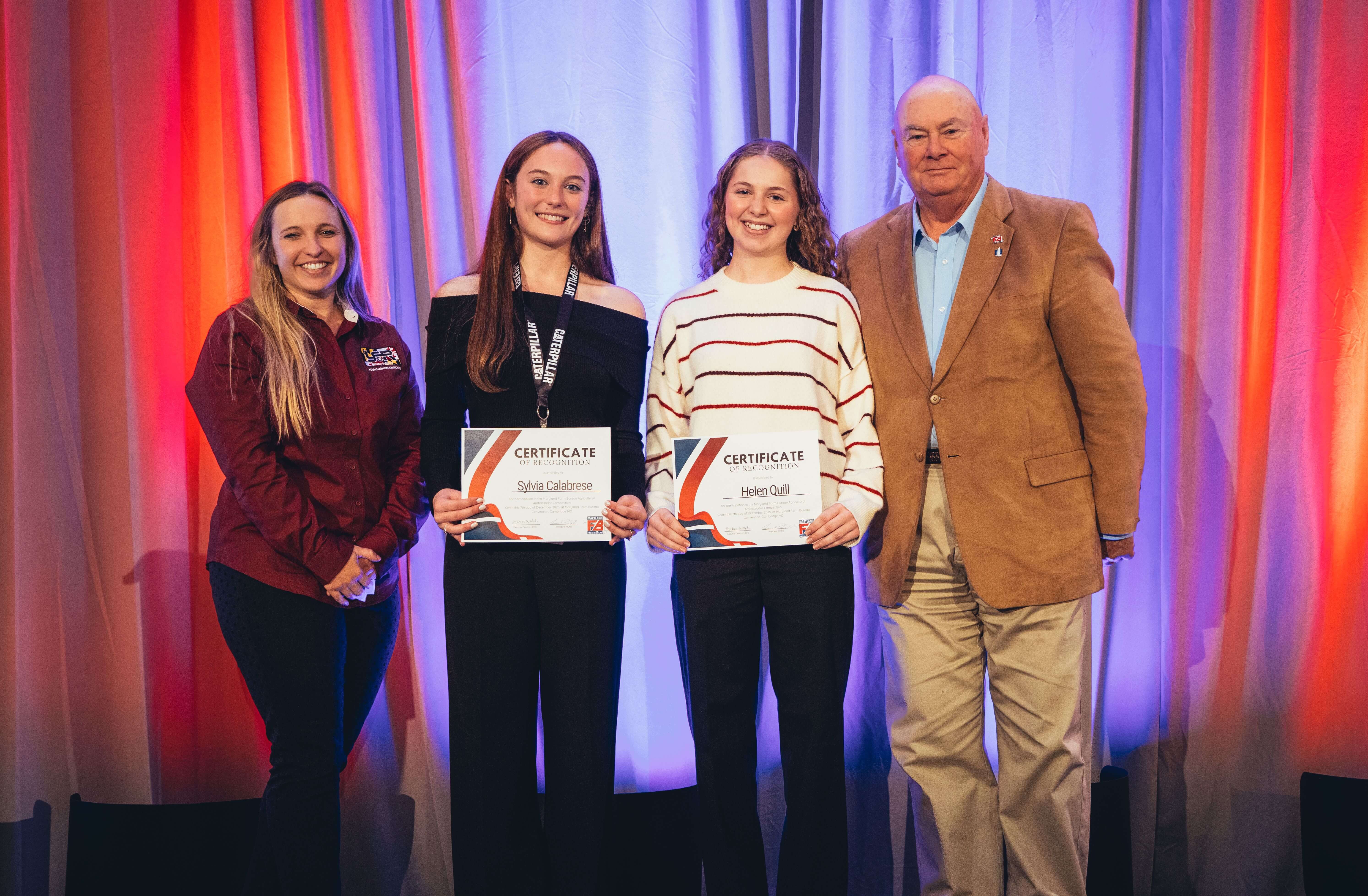 2025-2026 Young Farmer Chair Rachel Eck, Ambassador Sylvia Calabrese, Ambassador, Helen Quill, MDFB President Helen Quill