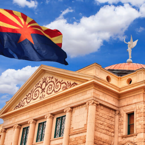 Arizona capitol building with Arizona state flag