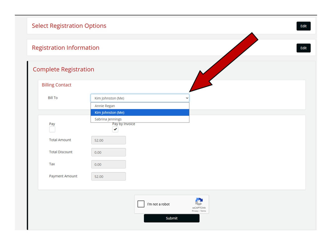 screen shot billing contact