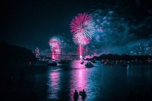 Fireworks over lake