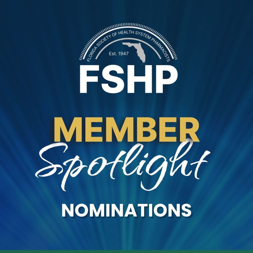 An image featuring the FSHP Member Spotlight Nomination title against a vibrant blue background, accented by rays of light shining upward to create a celebratory and professional atmosphere.