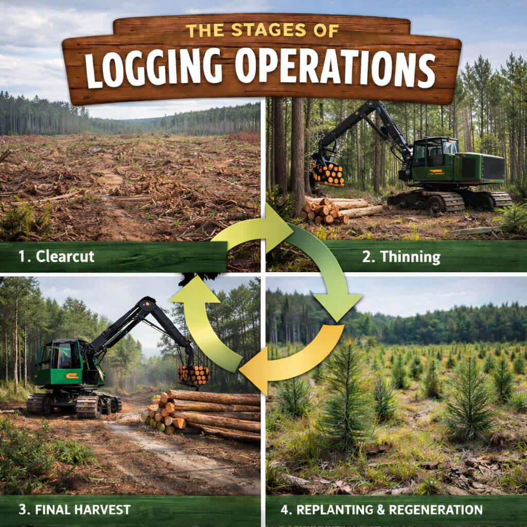 Photorealistic view of sustainable logging operations showing forest harvest, thinning, and replanting stage