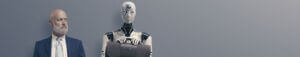 robot waiting in lobby with man