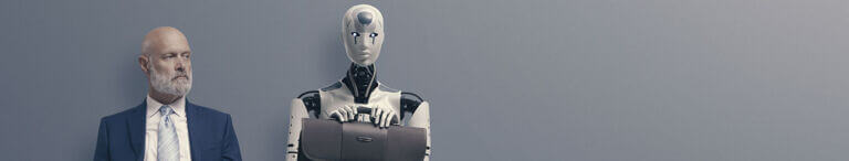 robot waiting in lobby with man