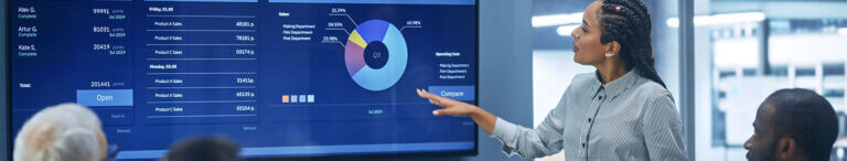 woman presenting graphics to in meeting