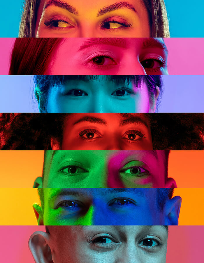Collage of close-up male and female eyes isolated on colored neon backgorund. Multicolored stripes. Concept of equality, unification of all nations, ages and interests Collage eyes