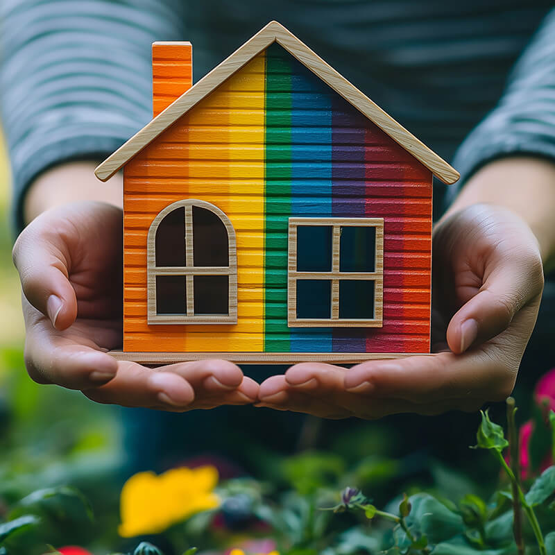 Person holding a rainbow LGBTQ pride home model in a garden