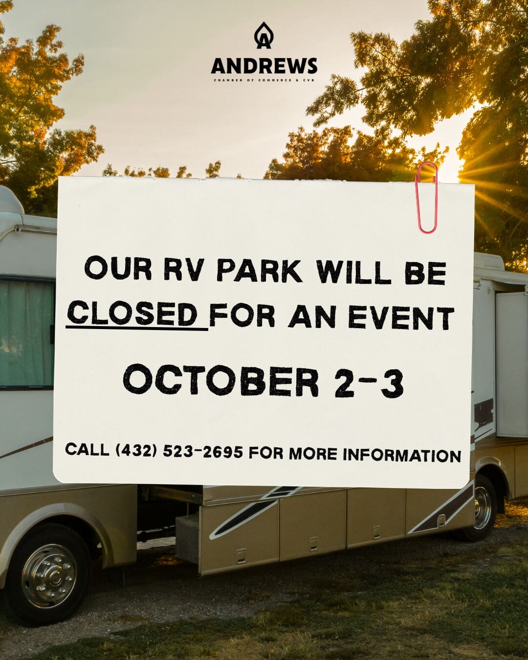 Our rv park will be closed October 2-3
