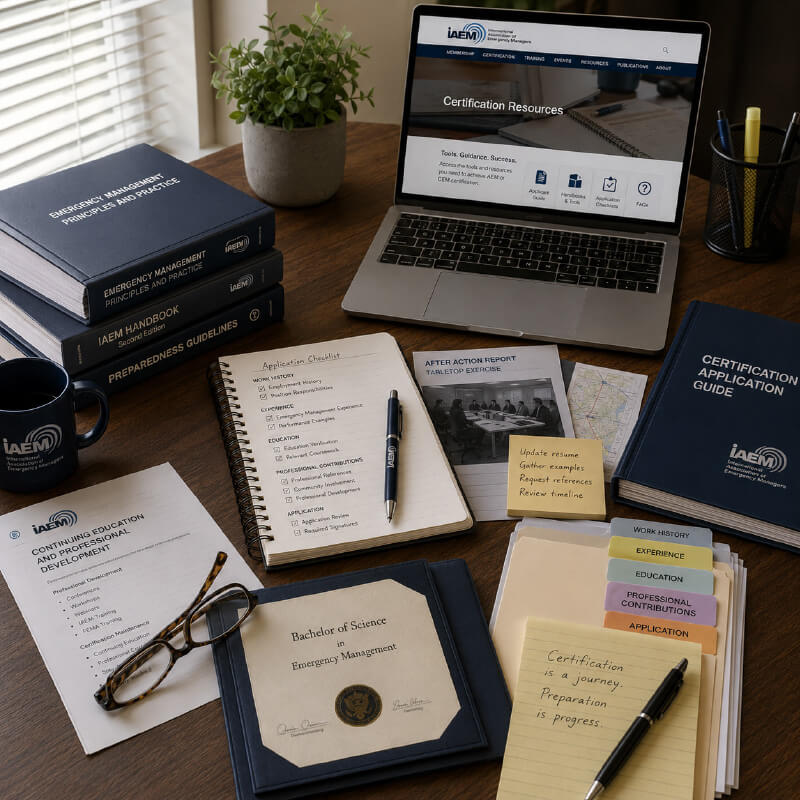 desk filled with papers and certificates