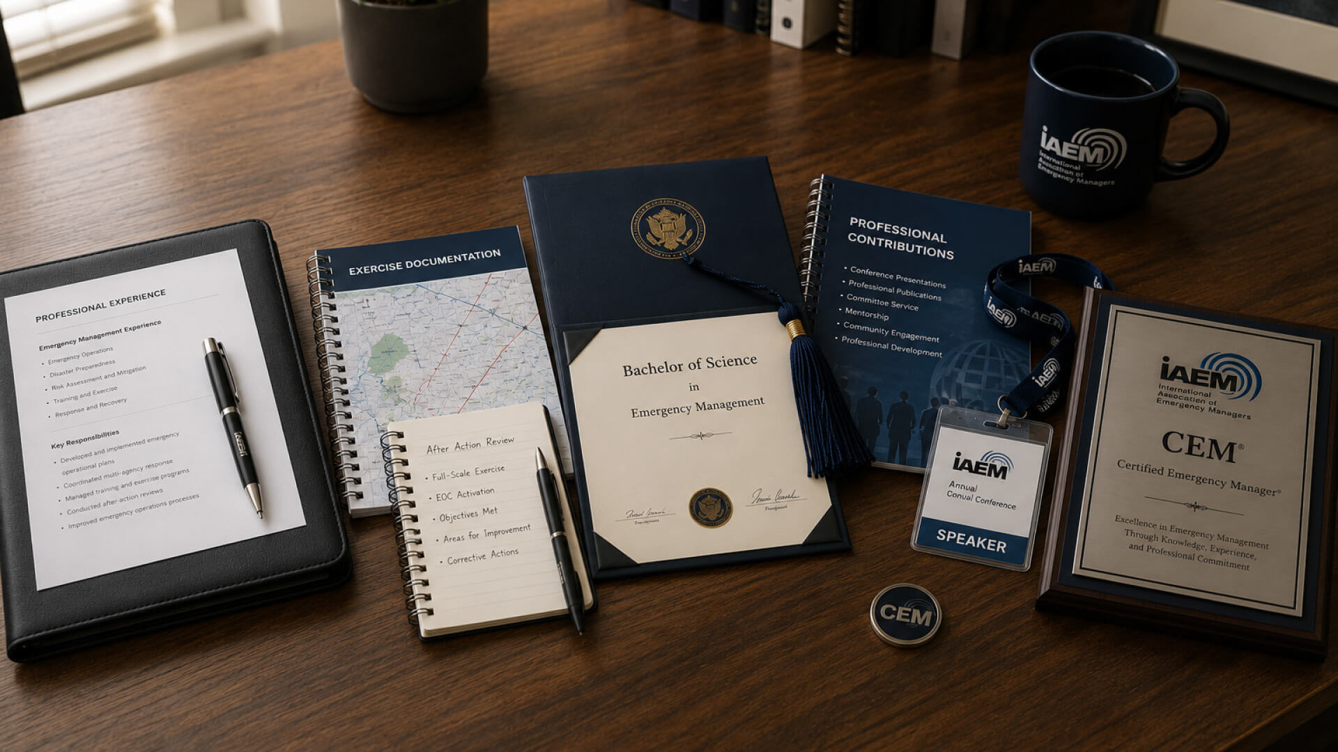 Upgrade to CEM Page desk filled with papers and certificates