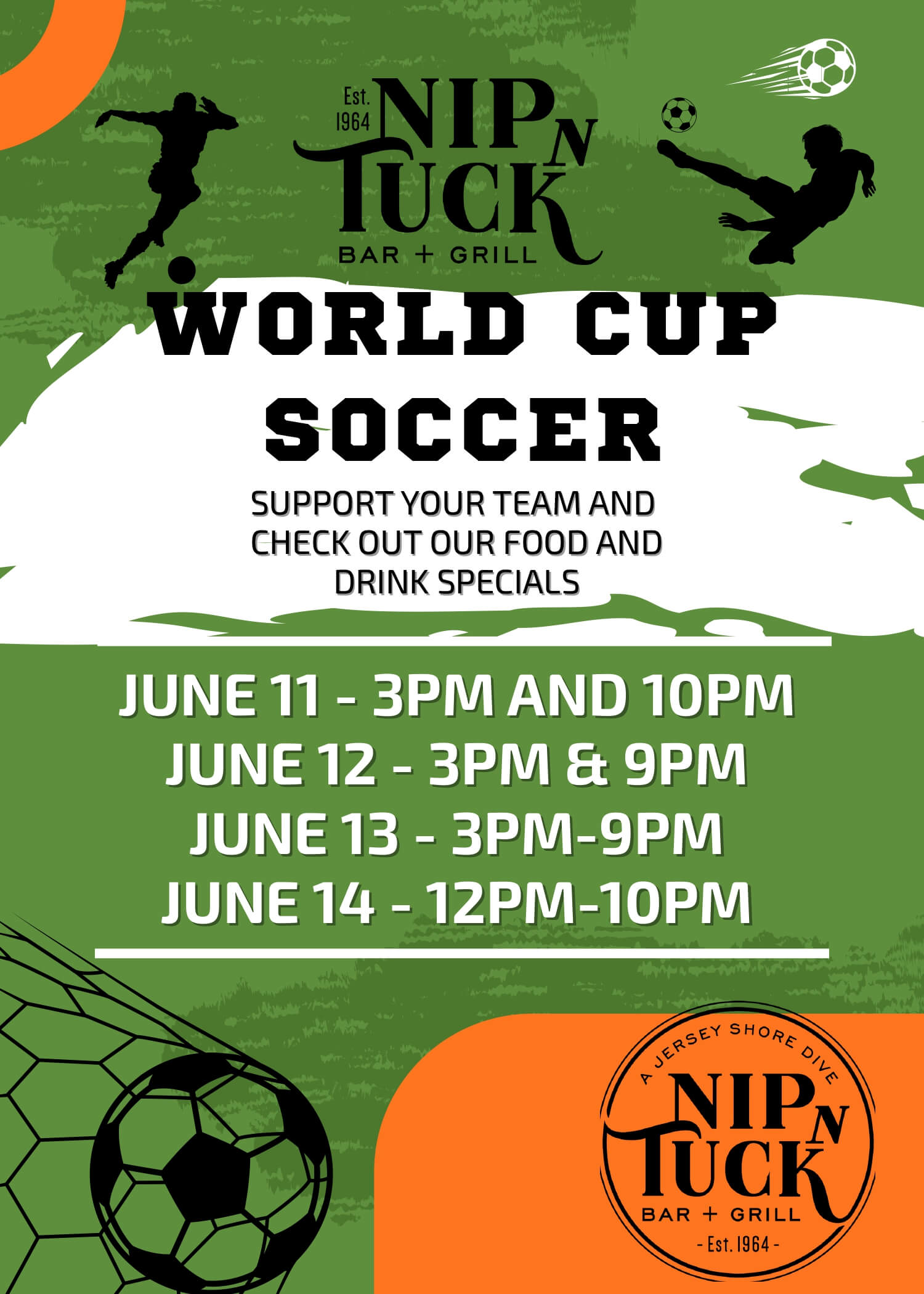 Nip N Tuck Green and Orange Modern Soccer Watch Party Invitation