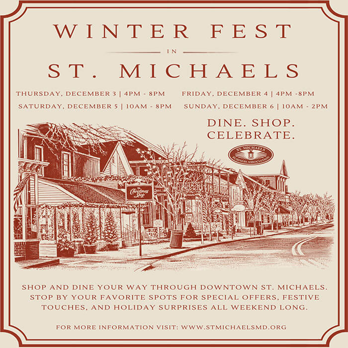 Winterfest in St. Michaels event poster showing shop and dine festival dates in December