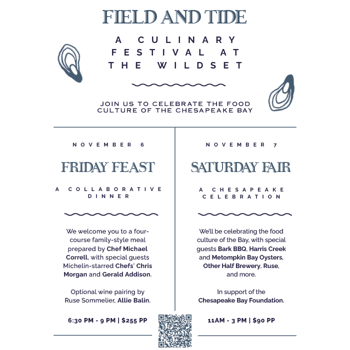 Event schedule flyer for Field and Tide Culinary Festival at The Wildset featuring Friday Feast and Saturday Fair in St. Michaels MD