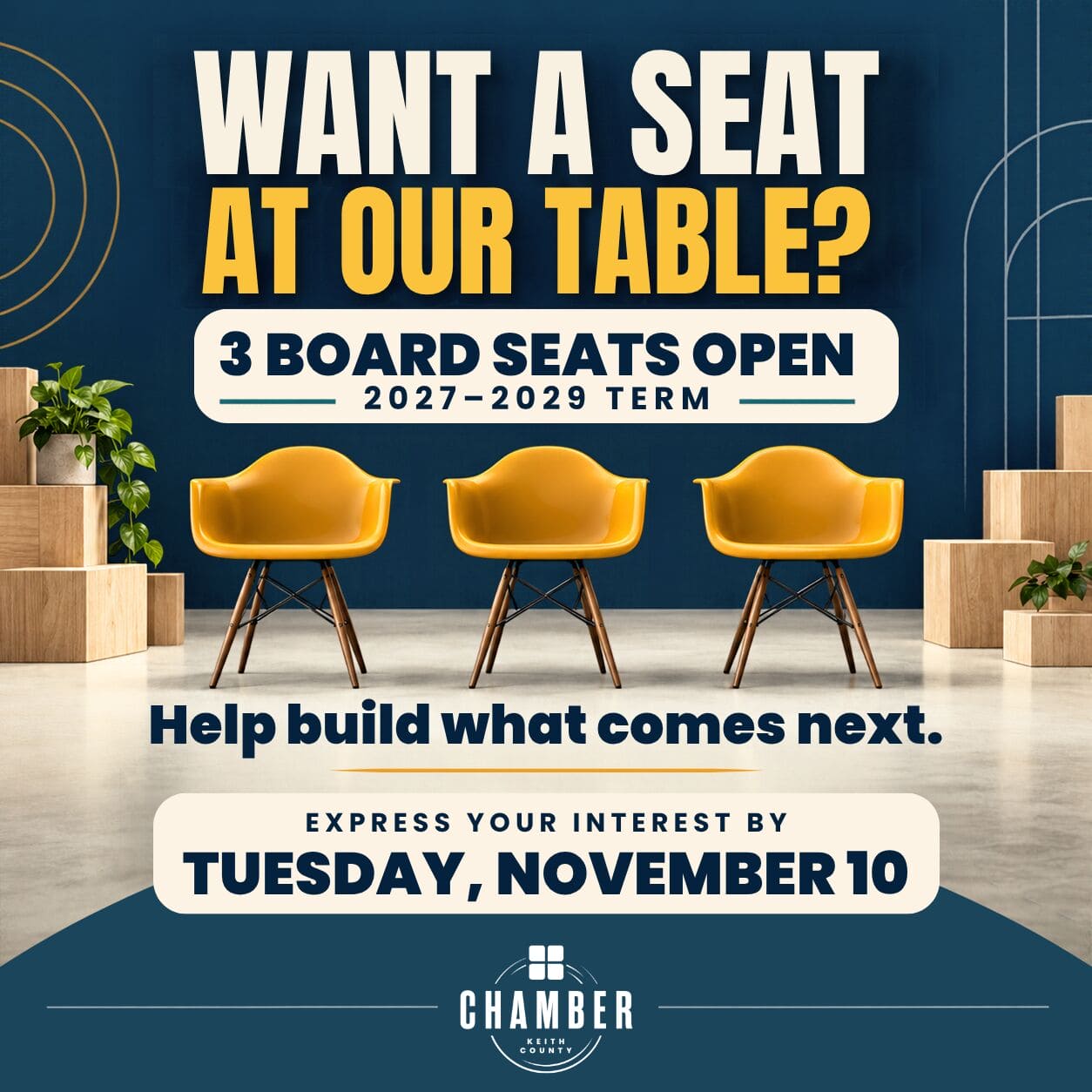 1. Three Keith County Chamber Board seats open for the 2027–2029 term. Interest forms are due November 10.