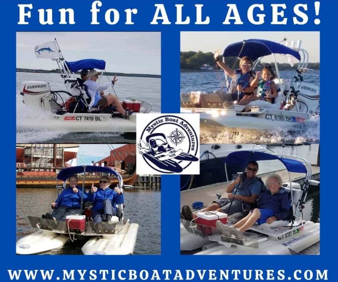 Mystic Boat Adventures ad reading "Fun for all ages" with photos of small boats
