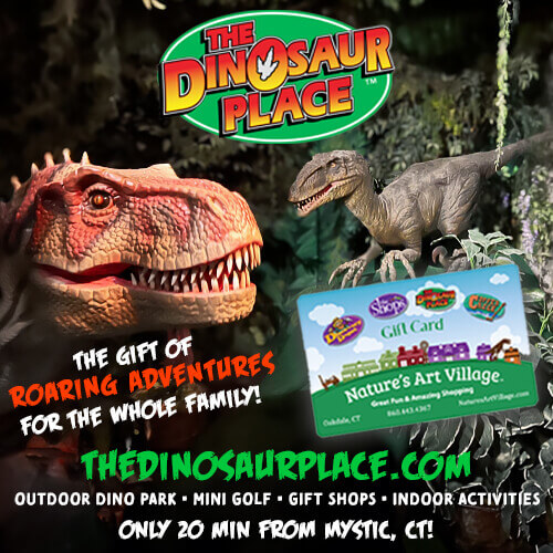 The Dinosaur Place gift card promotion reading "The gift of roaring adventures for the whole family"