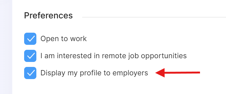 Job seeker preferences with the "Display my profile to employers" checkbox selected