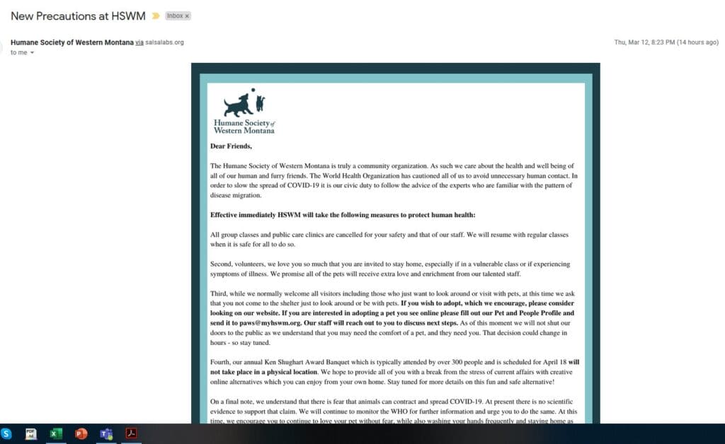 Screenshot of the same email with images displayed: a full letter about COVID-19 precautions, formatted as a single image.