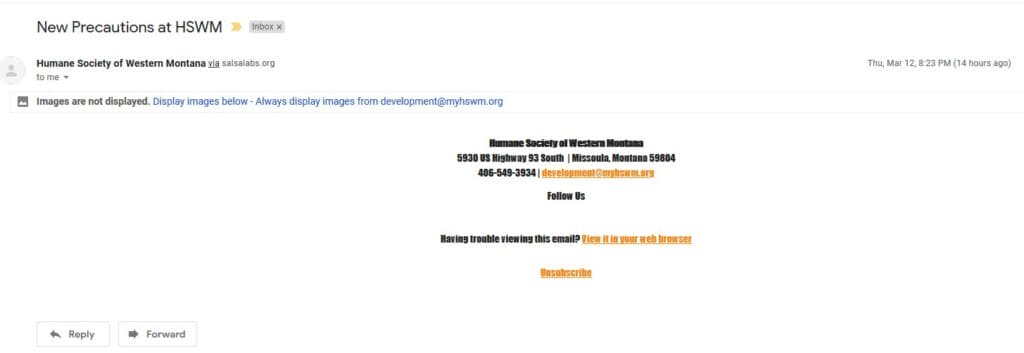 Screenshot of a Humane Society of Western Montana email with images turned off: only the footer text is visible.