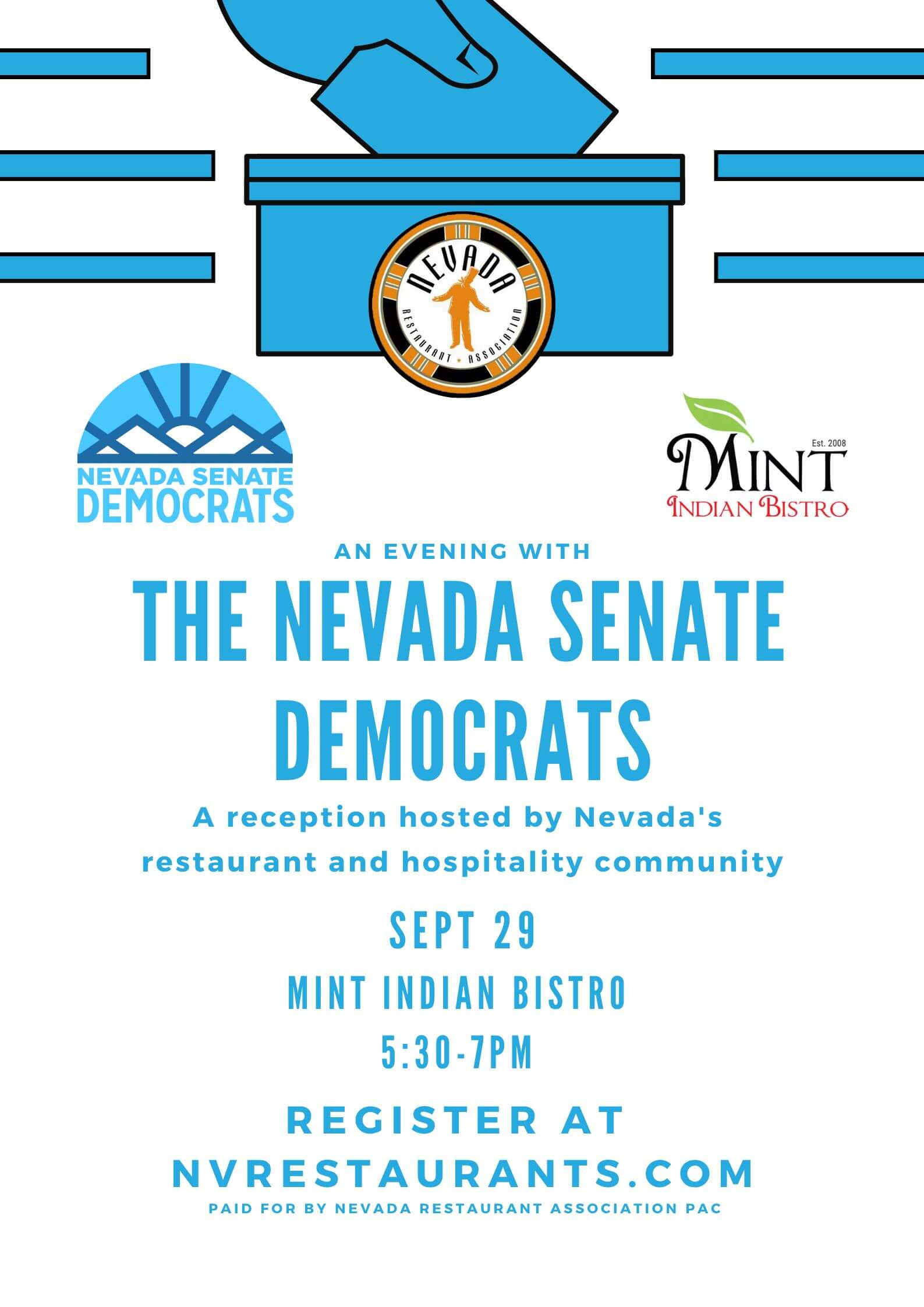 An Evening with the Nevada Senate Democrats, September 29 at Mint Indian Bistro