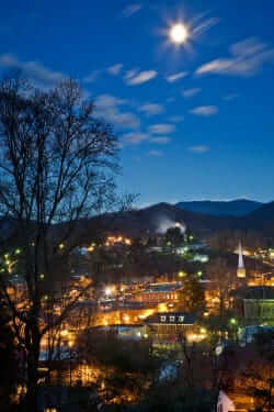 aerial view of sylva in moonlight