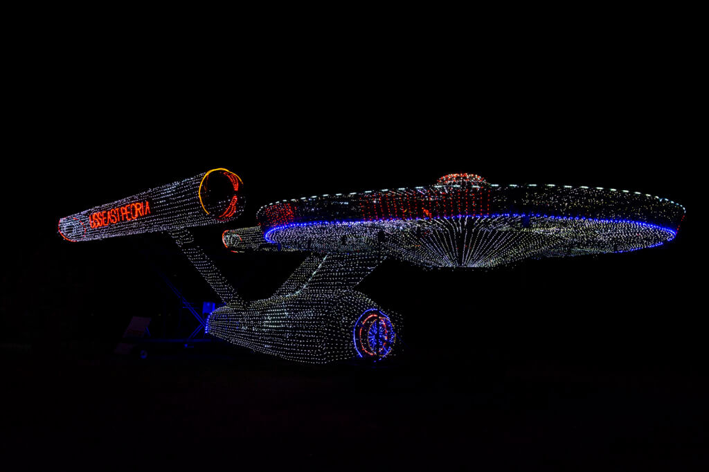 A glowing light display sculpture in the dark at Folepi's Winter Wonderland