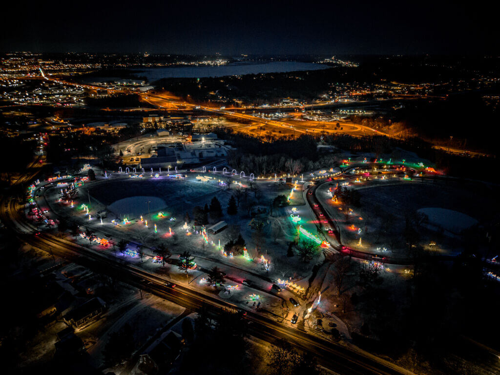 Aerial nighttime view of East Peoria lit up during the Festival of Lights