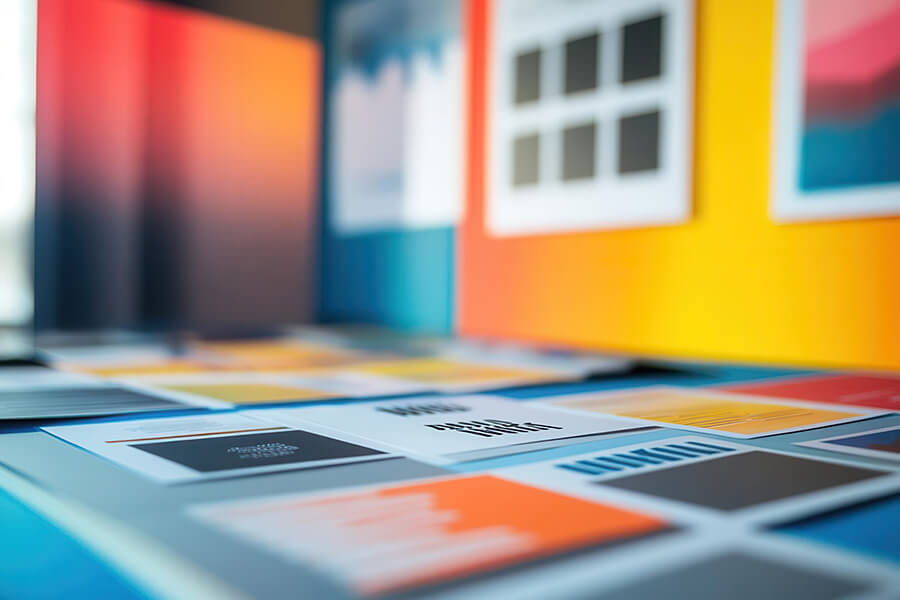 Detailed shot of a printed brand guideline with typography samples and logo drafts