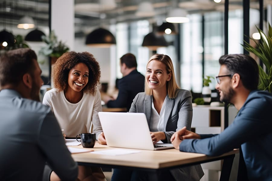 A diverse group of coworkers collaborating in a modern office