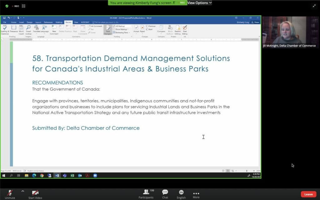 A screenshot of the wording for the Delta Chamber's policy resolution shown on a Zoom screen with a small window in the upper corner showing a blonde-haired white woman in the corner with her name (Jill McKnight) below her photo.