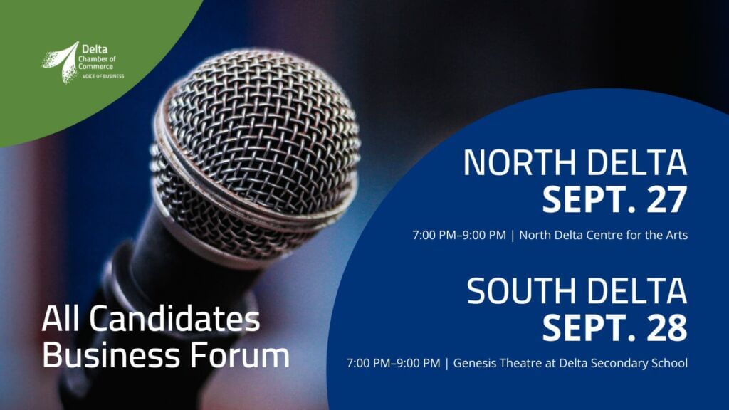 Delta All Candidates Business Forums in North Delta on September 27th at the North Delta Arts Centre and in South Delta at the Genesis Theatre at Delta Secondary School. Both Events are from 7:00 through 9:00pm. Image is of a microphone against a dark background with coloured semi-circles to display the Delta Chamber's logo and event details.