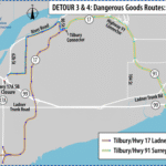 This image shows Detour Map #3 for dangerous goods travelling either South to Ladner/Tsawwassen or North to Surrey/beyond