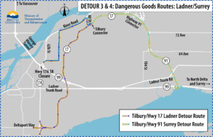 This image shows Detour Map #3 for dangerous goods travelling either South to Ladner/Tsawwassen or North to Surrey/beyond