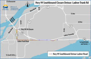 This image shows Detour Map #4 for Southbound traffic from Hwy 99 when it is closed