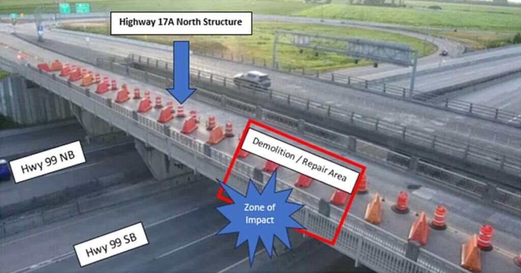 A South-East facing photo which shows Hwy 99 North and Southbound lanes, as well as the Hwy 17A overpass section which was damaged and is being repaired.