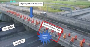 A South-East facing photo which shows Hwy 99 North and Southbound lanes, as well as the Hwy 17A overpass section which was damaged and is being repaired.