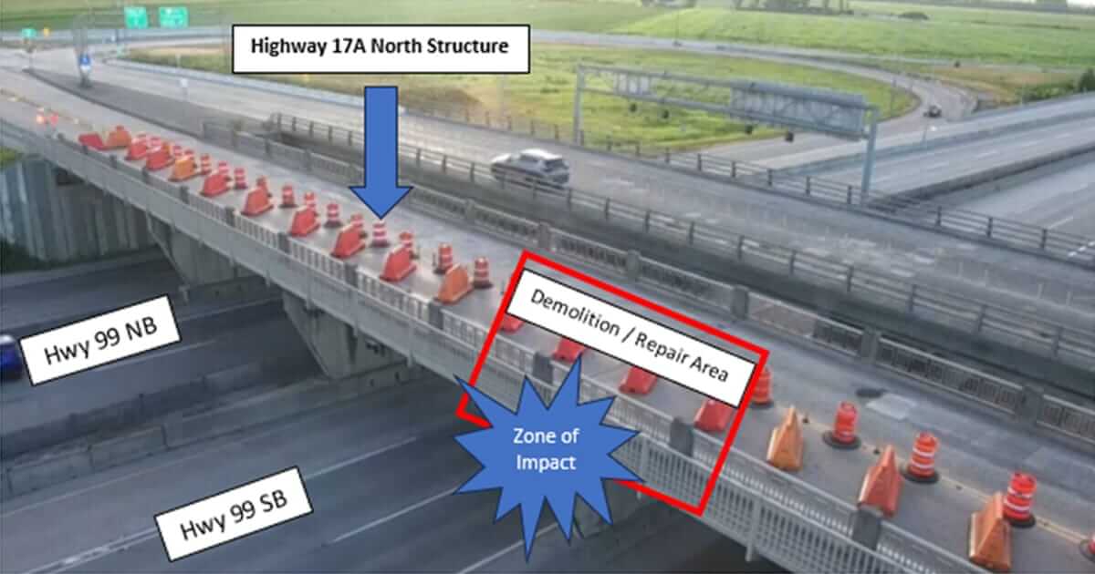 A South-East facing photo which shows Hwy 99 North and Southbound lanes, as well as the Hwy 17A overpass section which was damaged and is being repaired.