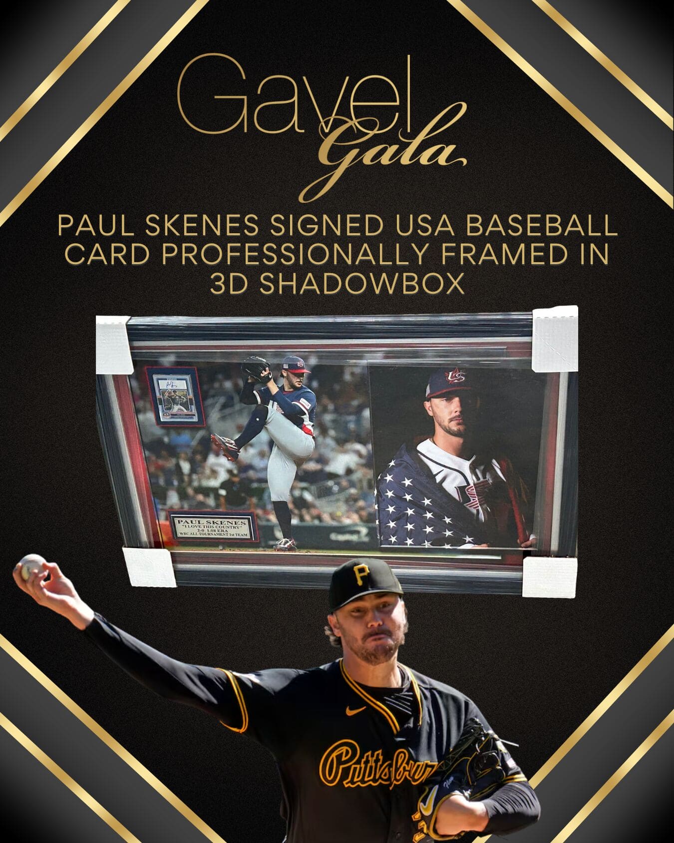 Gavel Gala Silent Auction Promo (21) Gavel Gala silent auction item: Paul Skenes signed USA Baseball card, professionally framed in 3D shadowbox