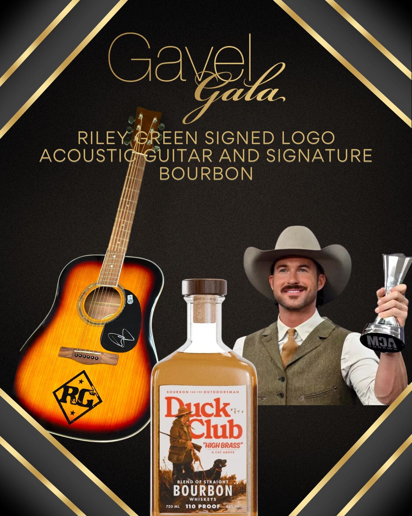 Gavel Gala Silent Auction Promo (22) Gavel Gala silent auction item: Riley Green signed logo acoustic guitar and signature bourbon